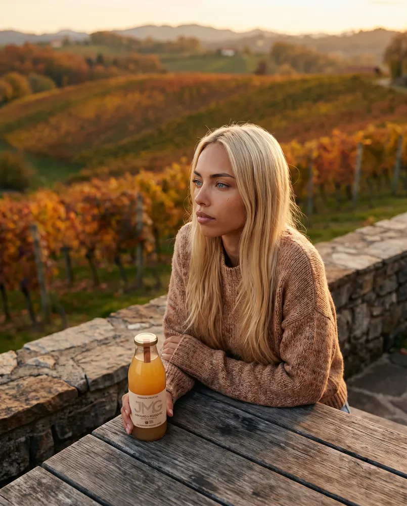 AI model z izdelkom JMG v vinogradu ob sončnem zahodu