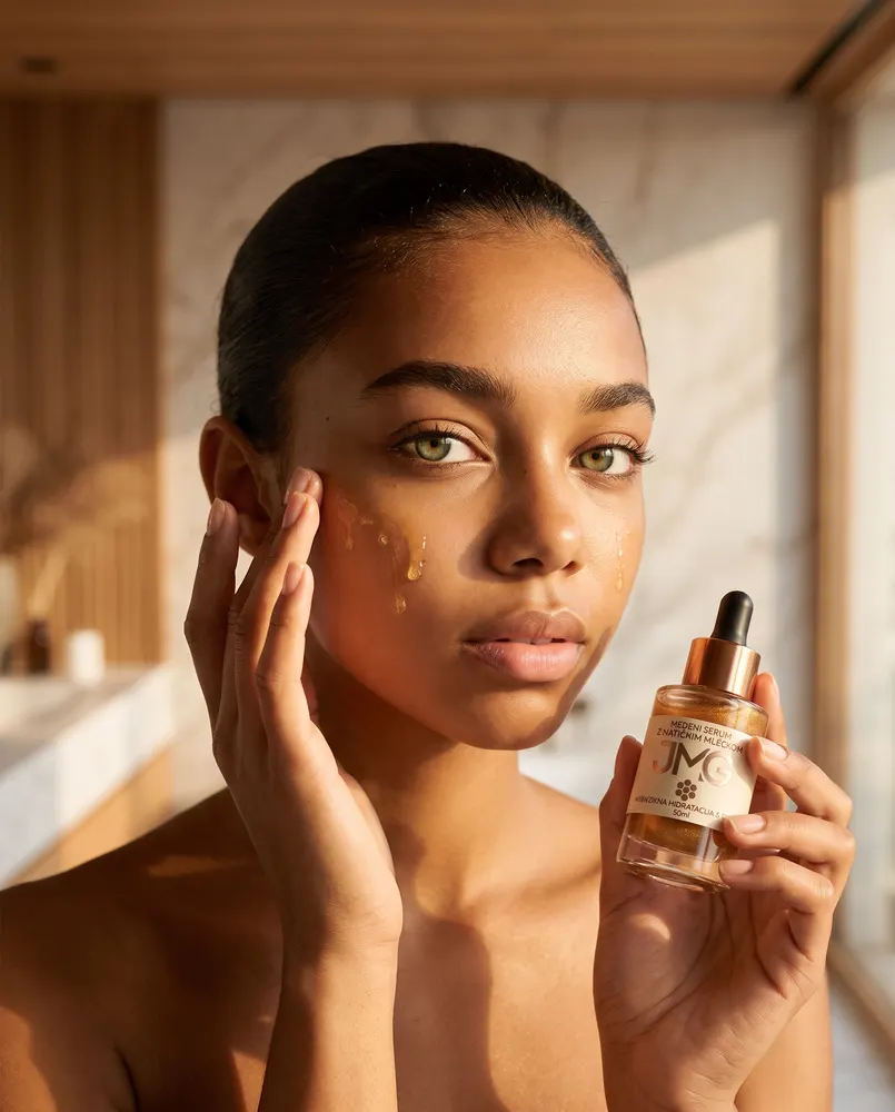 AI model nanaša JMG serum v osončeni kopalnici